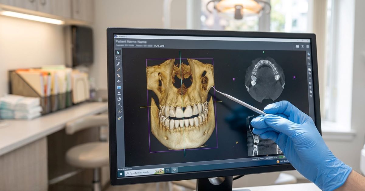 Sinus lift Hamilton, dentist reviewing 3D CBCT scan of upper jaw and sinus anatomy for precise sinus augmentation surgical planning