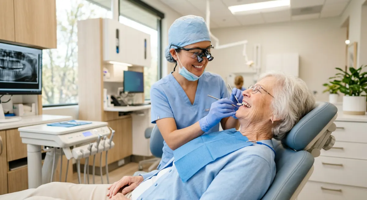 Canadian Dental Care Plan Hamilton, senior CDCP patient receiving a covered preventive dental exam and oral health check-up at Charlton Dentistry.