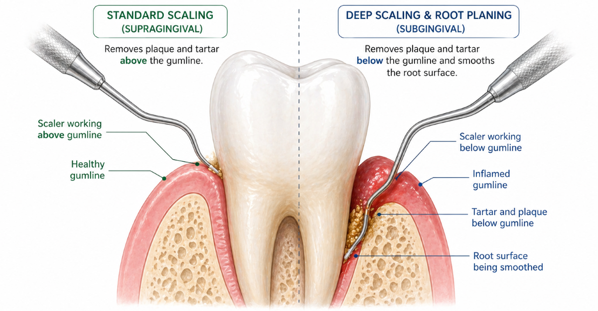 Teeth cleaning vs deep cleaning in Hamilton, clinical illustration comparing standard supragingival scaling above the gumline with deep scaling and root planing below the gumline performed by a dental hygienist at Charlton Dentistry.