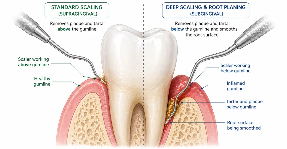Teeth Cleaning vs Deep Cleaning in Hamilton | Scaling and Root Planing Comparison at Charlton Dentistry Teeth cleaning vs deep cleaning in Hamilton, clinical illustration comparing standard supragingival scaling above the gumline with deep scaling and root planing below the gumline performed by a dental hygienist at Charlton Dentistry.