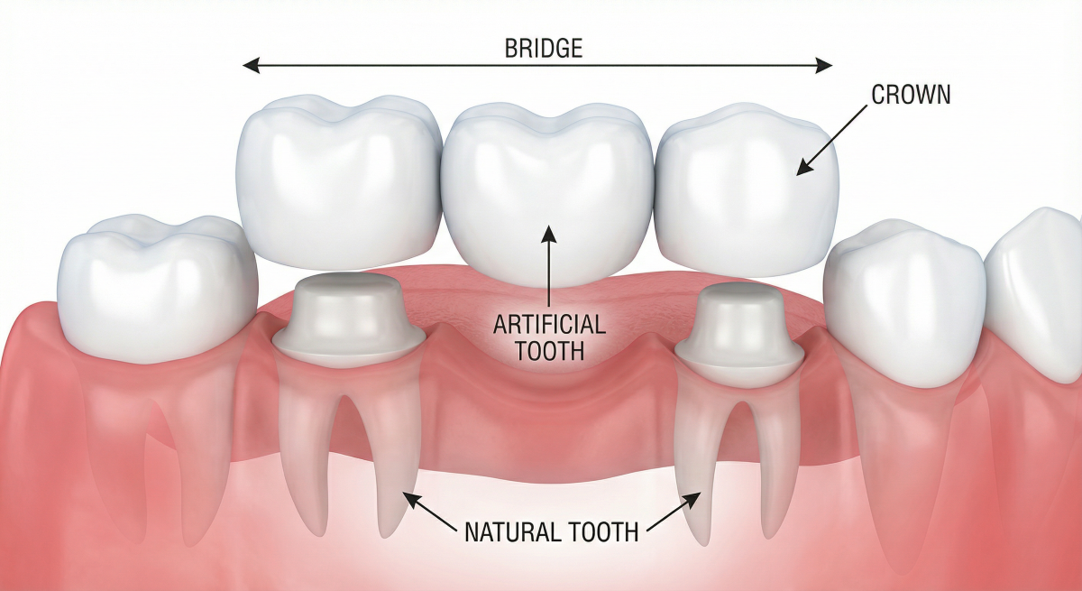 Crowns and bridges Hamilton, labeled diagram of a dental bridge with two anchor crowns over prepared natural teeth and an artificial pontic tooth