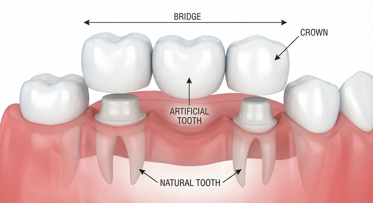 Crowns and bridges Hamilton, labeled diagram of a dental bridge with two anchor crowns over prepared natural teeth and an artificial pontic tooth
