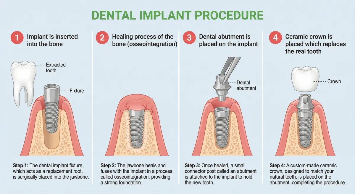 Dental Implants Hamilton, four-step procedure infographic showing implant fixture insertion into the jawbone, osseointegration healing, abutment placement, and final ceramic crown restoration
