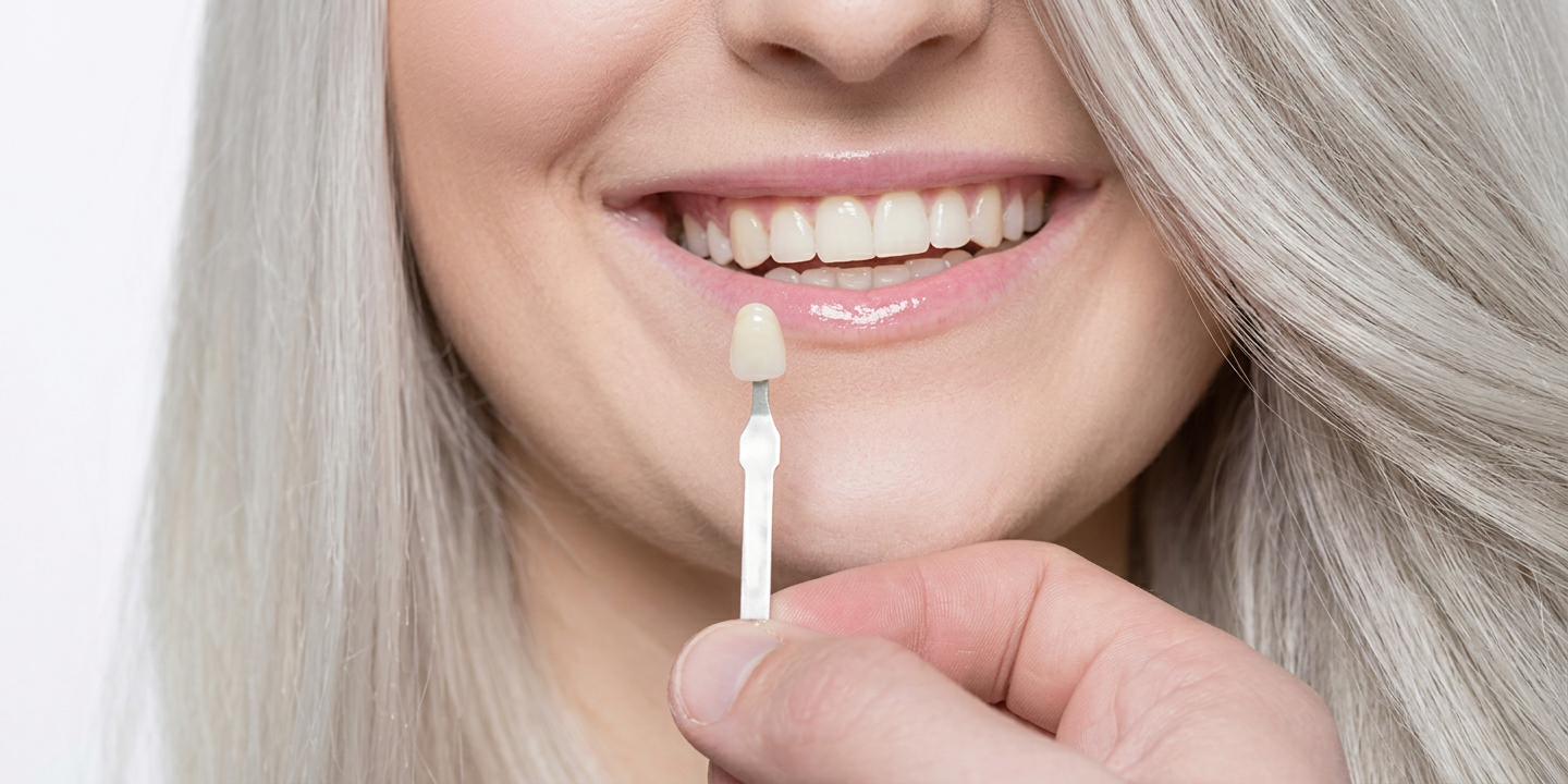 Dental veneers Hamilton, dentist holding a porcelain veneer shade sample next to a smiling patient at Charlton Dentistry.