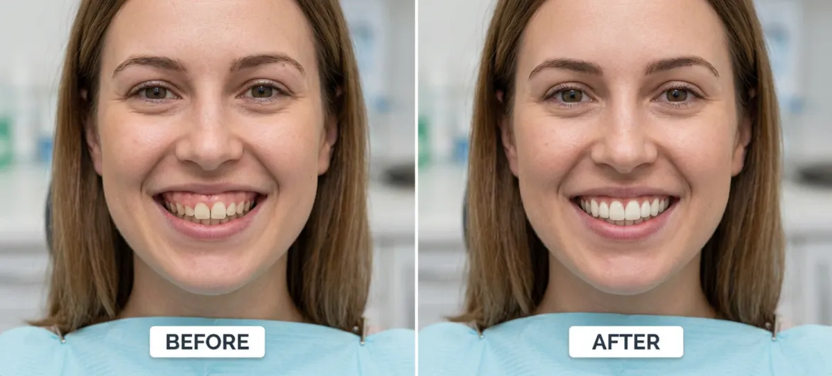 Before and after gummy smile treatment showing reduced gum display at Charlton Dentistry in Hamilton, ON