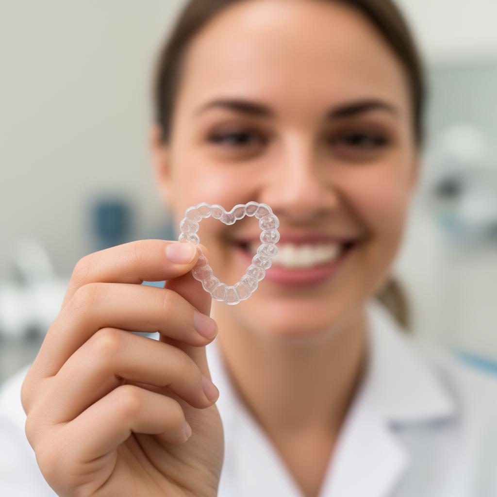Invisalign dentist Hamilton, smiling patient holding clear Invisalign aligners shaped into a heart at Charlton Dentistry.