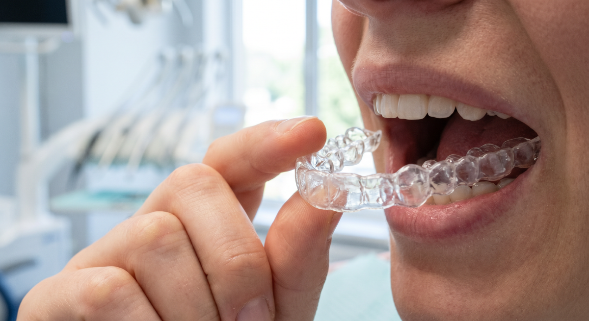 Invisalign Hamilton, patient placing a custom clear aligner tray for discreet teeth straightening at Charlton Dentistry.