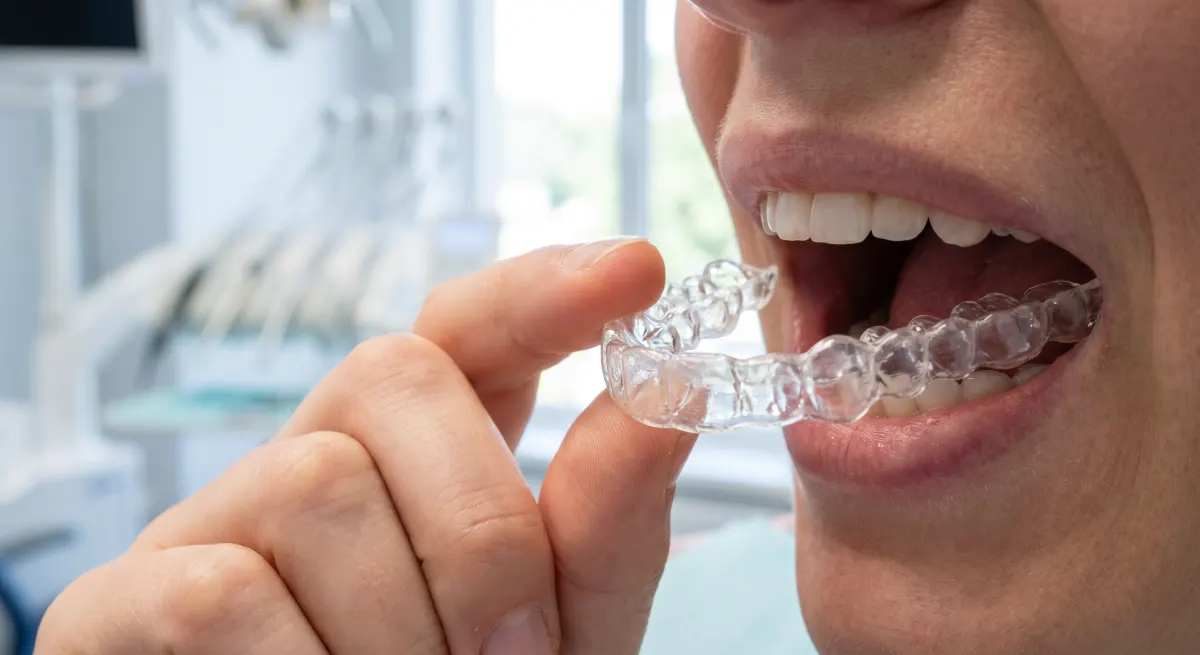 Invisalign Hamilton, ON | Custom Clear Aligners for Discreet Teeth Straightening at Charlton Dentistry Invisalign Hamilton, patient placing a custom clear aligner tray for discreet teeth straightening at Charlton Dentistry.