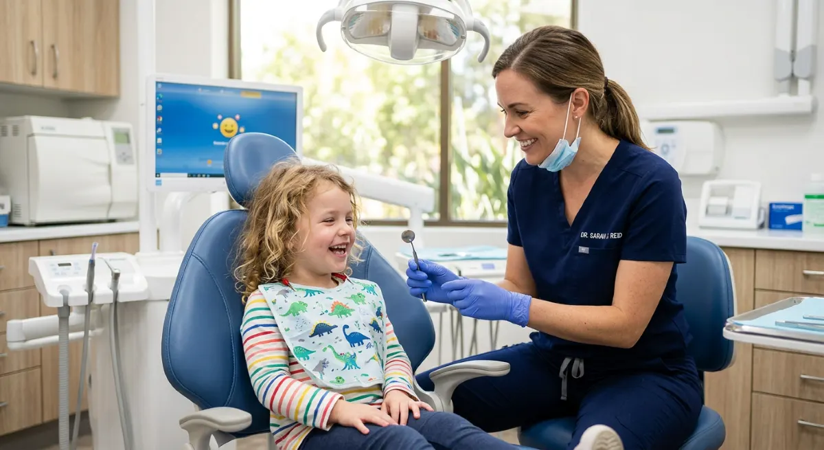 Pediatric Dentistry in Hamilton | Age-Appropriate Kids Dental Exam at Charlton Dentistry Pediatric dentistry Hamilton, gentle dentist examining a smiling young child during an age-appropriate kids dental checkup at Charlton Dentistry.