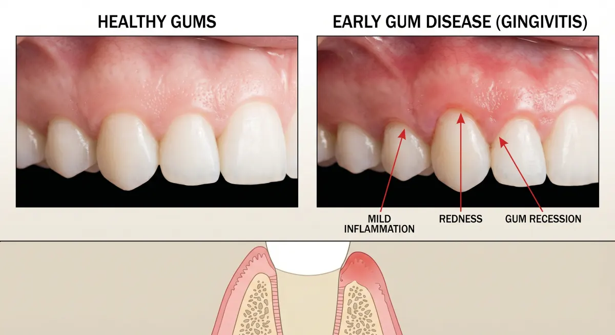Clinical comparison of healthy gums versus early gum disease (gingivitis) showing inflammation, redness, and recession during a Periodontics Consultation in Hamilton, ON