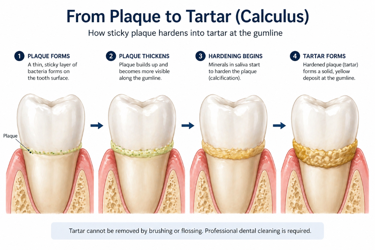 Teeth cleaning diagram showing the four-stage progression of plaque hardening into tartar (calculus) at the gumline, illustrating why professional teeth cleaning is required.