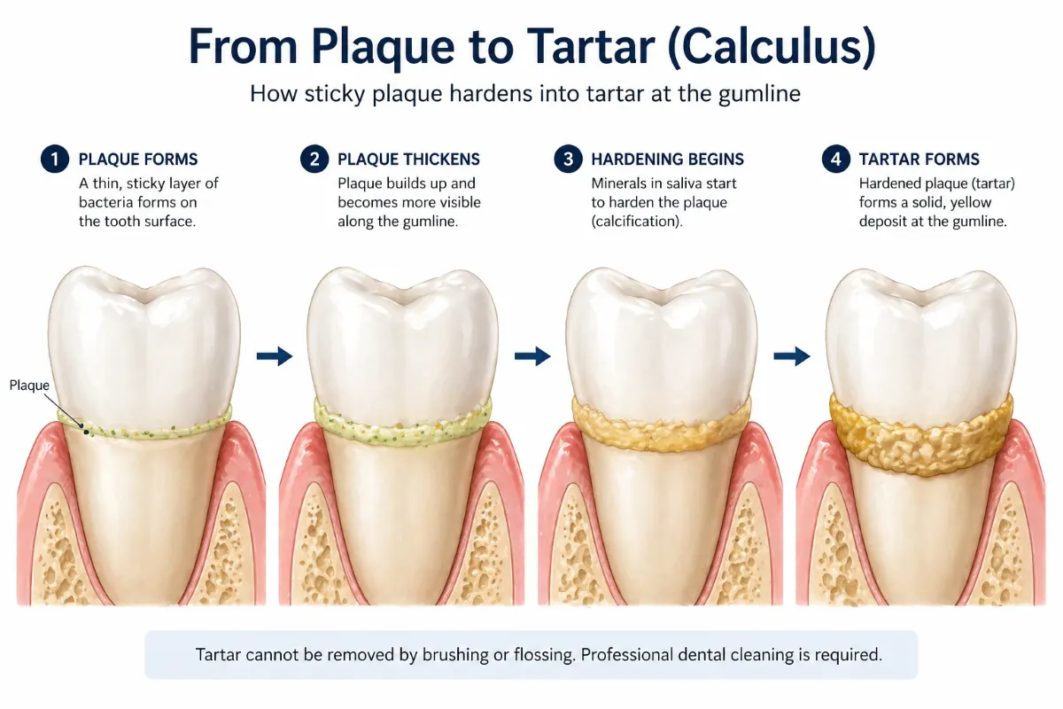 Teeth cleaning diagram showing the four-stage progression of plaque hardening into tartar (calculus) at the gumline, illustrating why professional teeth cleaning is required.