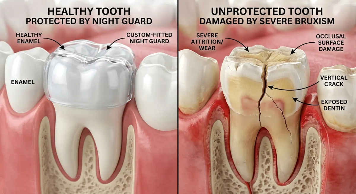 Custom night guard Hamilton, side-by-side comparison showing a healthy tooth protected by a custom-fitted night guard versus an unprotected tooth damaged by severe bruxism with vertical cracks, occlusal wear, and exposed dentin