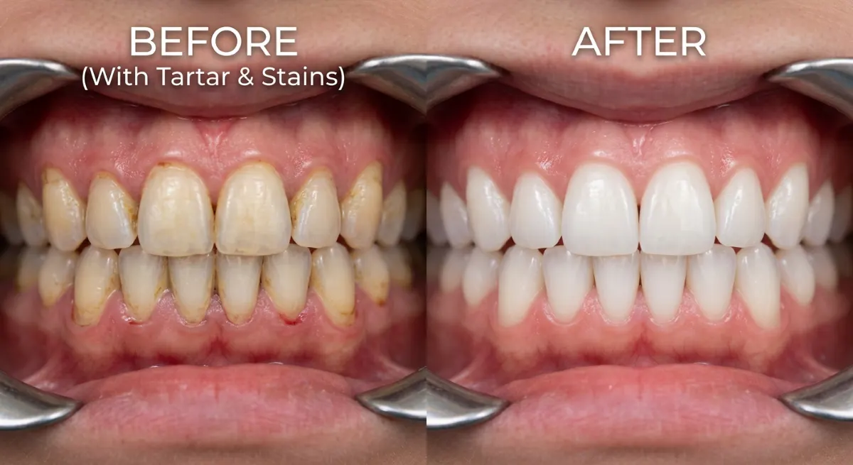 Professional Teeth Cleaning in Hamilton, ON | Before & After Plaque, Tartar and Stain Removal Results Teeth cleaning Hamilton before and after results, close-up showing tartar and surface stains removed after a professional dental cleaning at Charlton Dentistry.