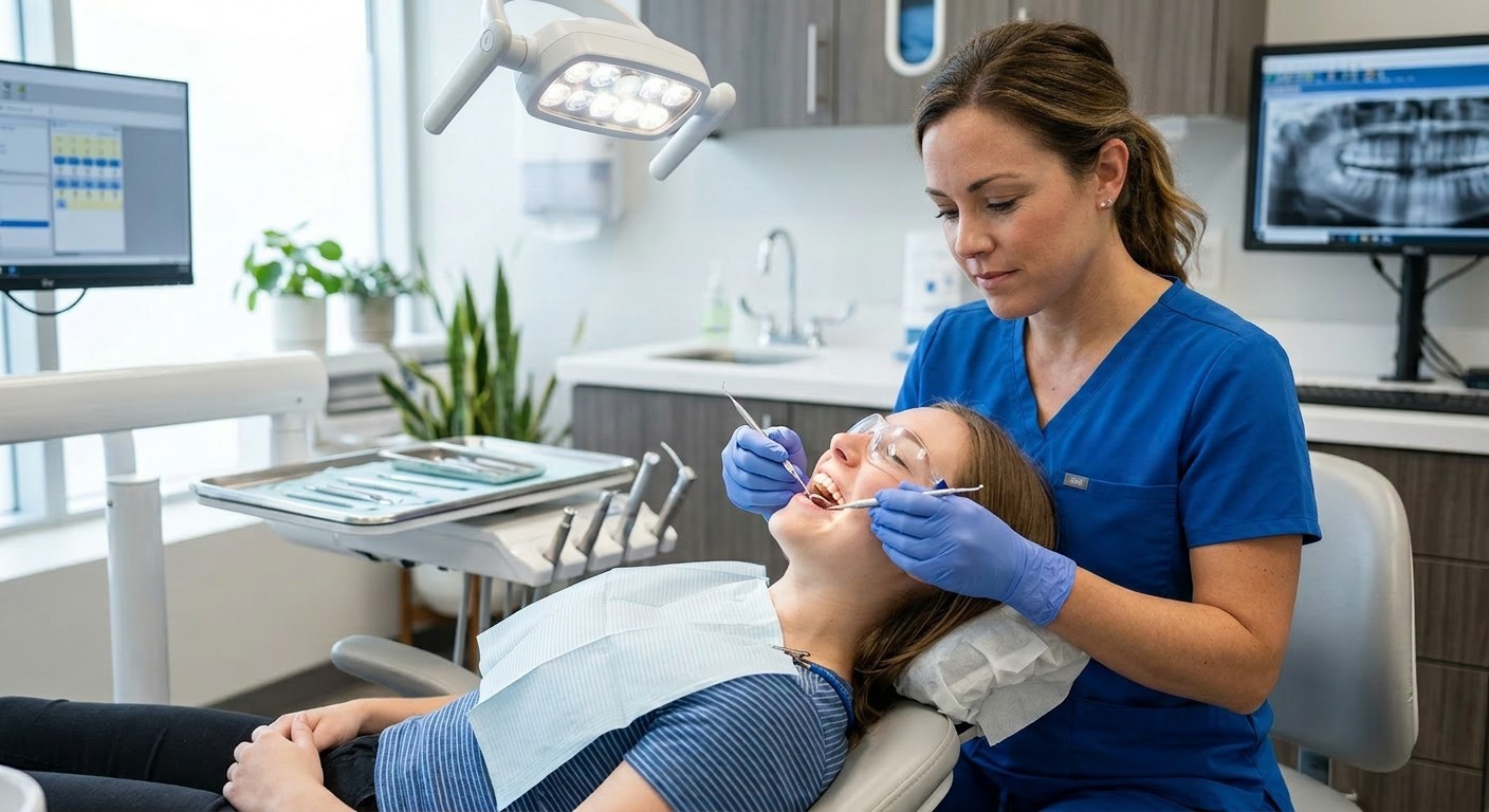 Dental hygiene Hamilton, hygienist performing professional teeth cleaning on a smiling patient at Charlton Dentistry.