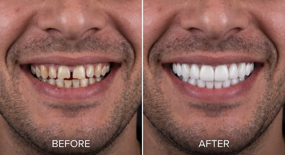 Dental veneers Hamilton before and after, male patient showing chipped, discoloured teeth before treatment and a flawless white smile after custom porcelain veneers at Charlton Dentistry
