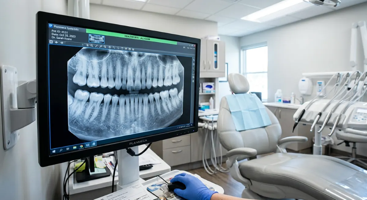 Comprehensive dental exam Hamilton, gloved clinician reviewing a high-resolution digital panoramic dental X-ray on a chairside monitor inside a modern Charlton Dentistry treatment room