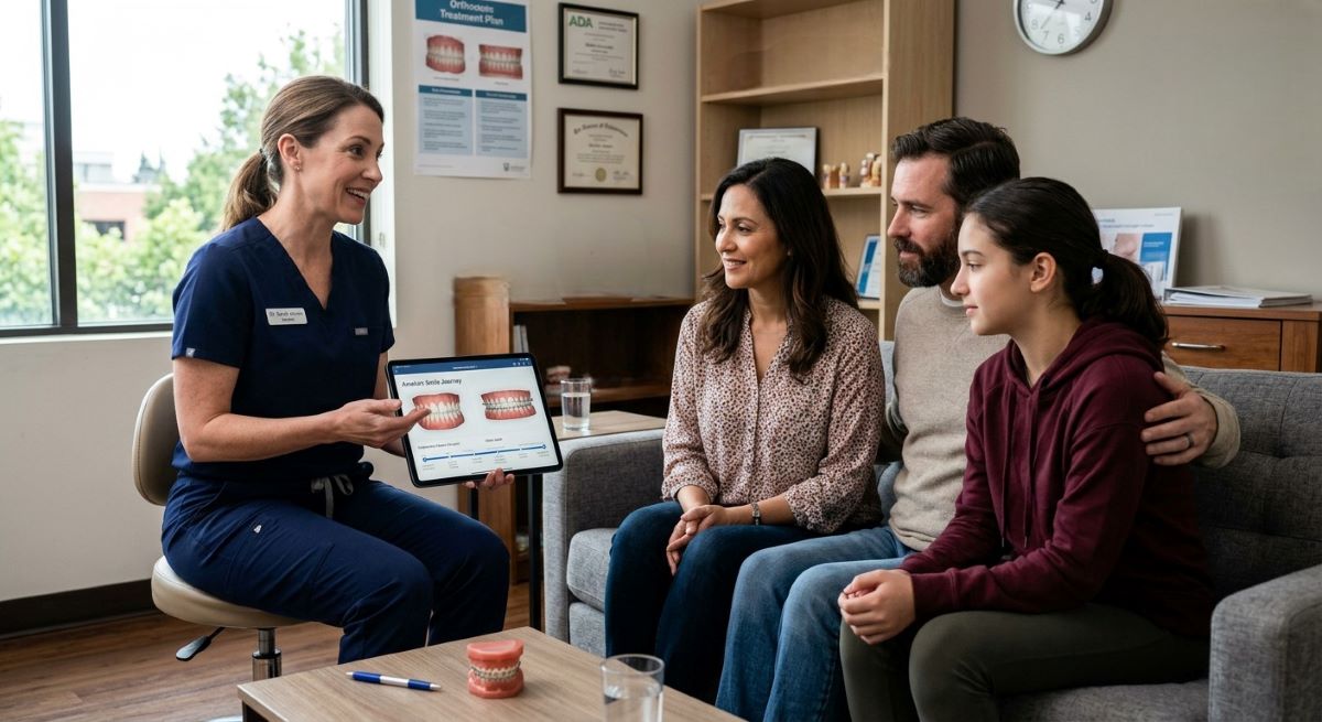 Family dentistry Hamilton, dental hygienist reviewing a digital orthodontic treatment plan with a mother, father, and teenage daughter during a family consultation.
