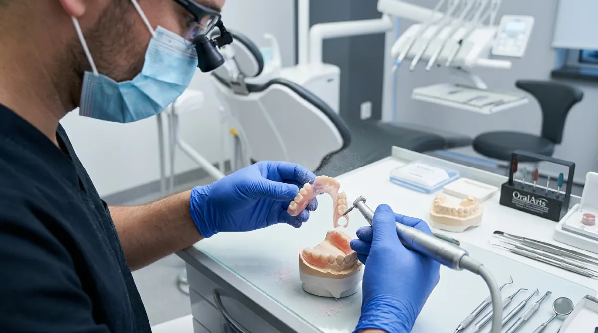 Custom dentures Hamilton, dentist using magnification loupes adjusting and polishing a partial denture against a stone working model in a modern dental lab