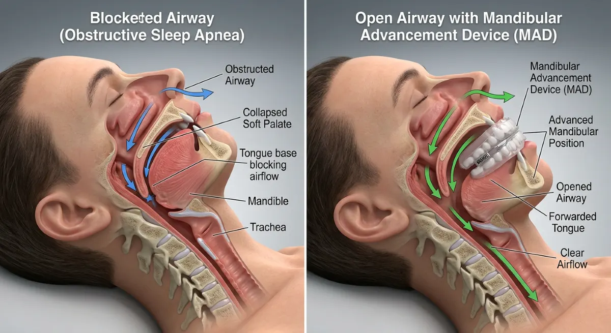 Snoring and sleep apnea treatment Hamilton, anatomical diagram comparing a blocked airway in obstructive sleep apnea with an open airway using a Mandibular Advancement Device (MAD).