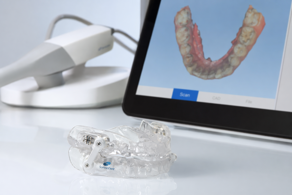 Snoring and sleep apnea treatment Hamilton, custom SomnoDent mandibular advancement oral appliance with 3D digital scanner.