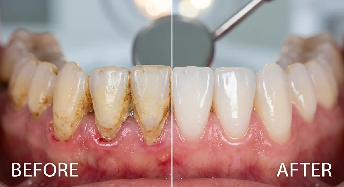 Dental hygiene Hamilton, before and after close-up of lower teeth showing heavy plaque and tartar removed during a professional teeth cleaning at Charlton Dentistry.
