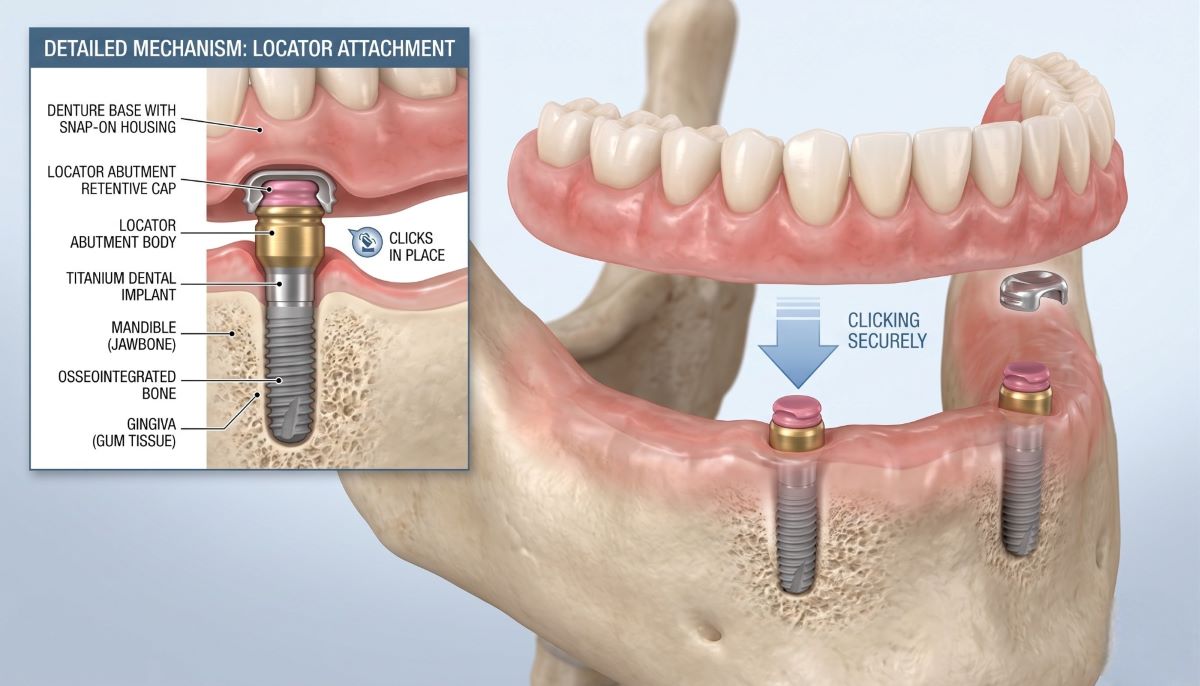 How Snap-On Dentures Attach to Locator Abutments | Hamilton Snap-on dentures Hamilton, locator abutment attachment clicking onto titanium dental implants in the jawbone