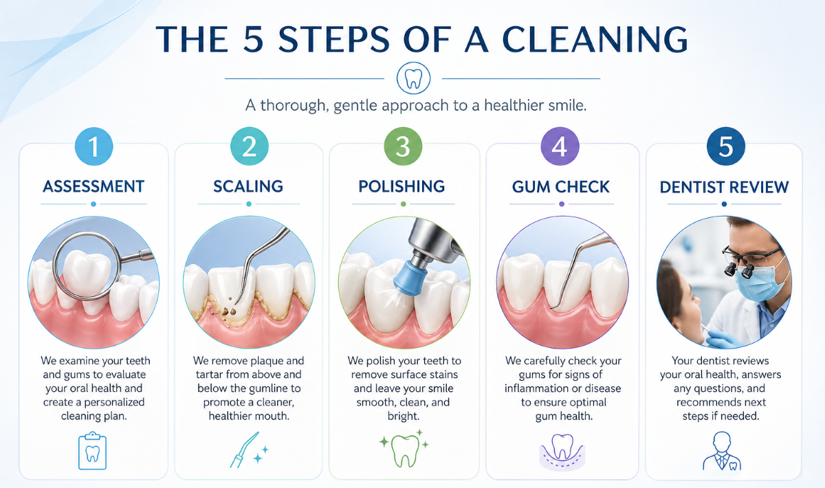 Infographic showing the 5 steps of a teeth cleaning: assessment, scaling, polishing, gum check, and dentist review at Charlton Dentistry in Hamilton