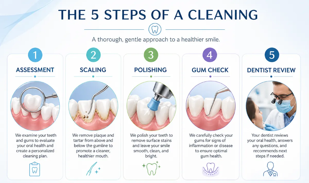 The 5 Steps of a Teeth Cleaning in Hamilton, Charlton Dentistry Infographic showing the 5 steps of a teeth cleaning: assessment, scaling, polishing, gum check, and dentist review at Charlton Dentistry in Hamilton