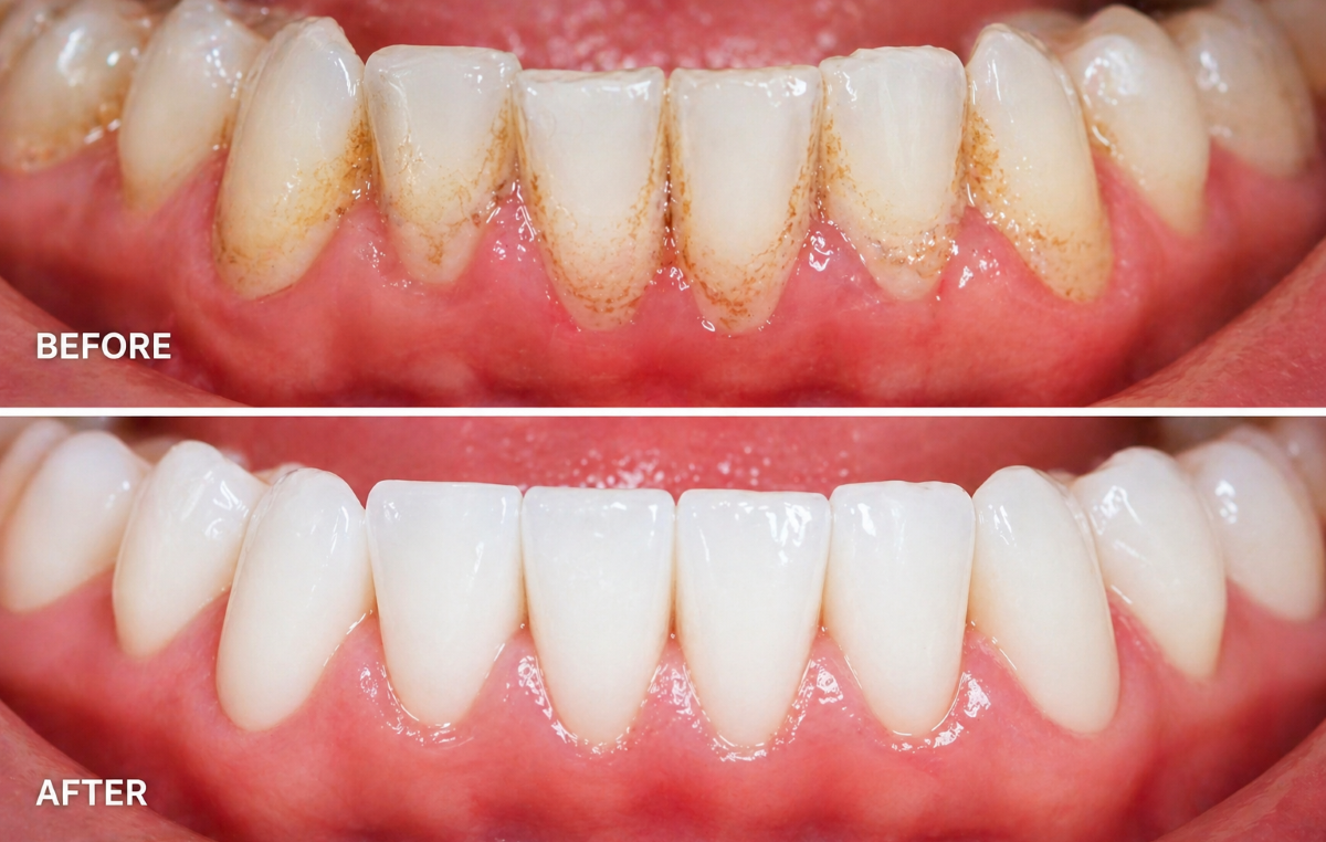 Teeth cleaning Hamilton, before and after results showing heavy plaque and tartar buildup along the lower gumline removed by a registered dental hygienist at Charlton Dentistry, leaving polished, healthy teeth and pink gums.