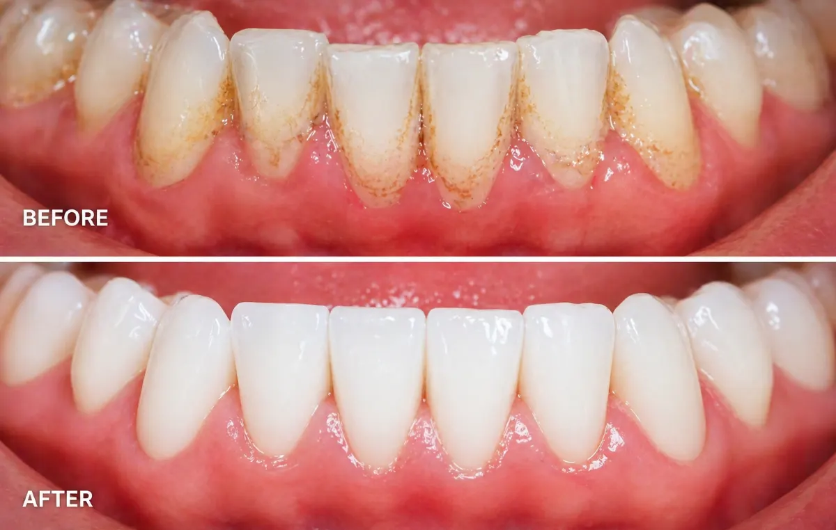 Teeth cleaning Hamilton, before and after results showing heavy plaque and tartar buildup along the lower gumline removed by a registered dental hygienist at Charlton Dentistry, leaving polished, healthy teeth and pink gums.