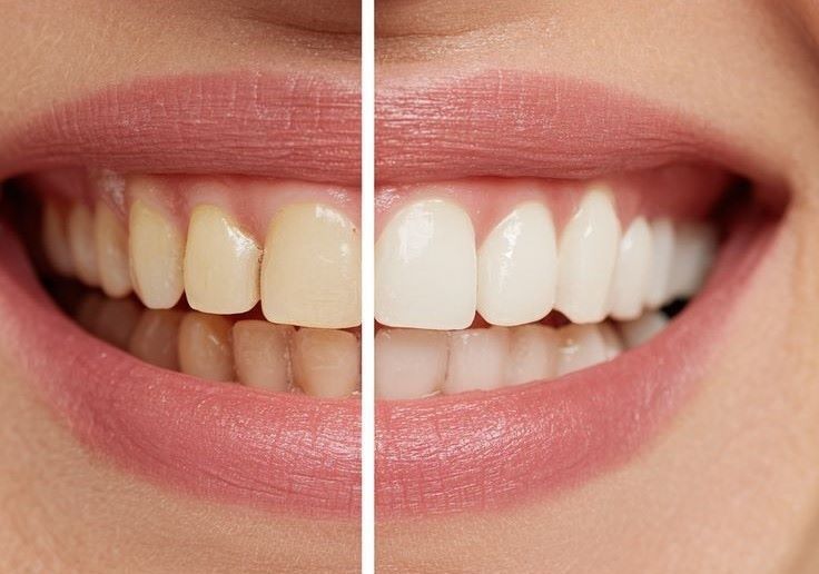 Before and after professional teeth whitening procedure in Hamilton showing yellow stained enamel transformed into a bright white smile