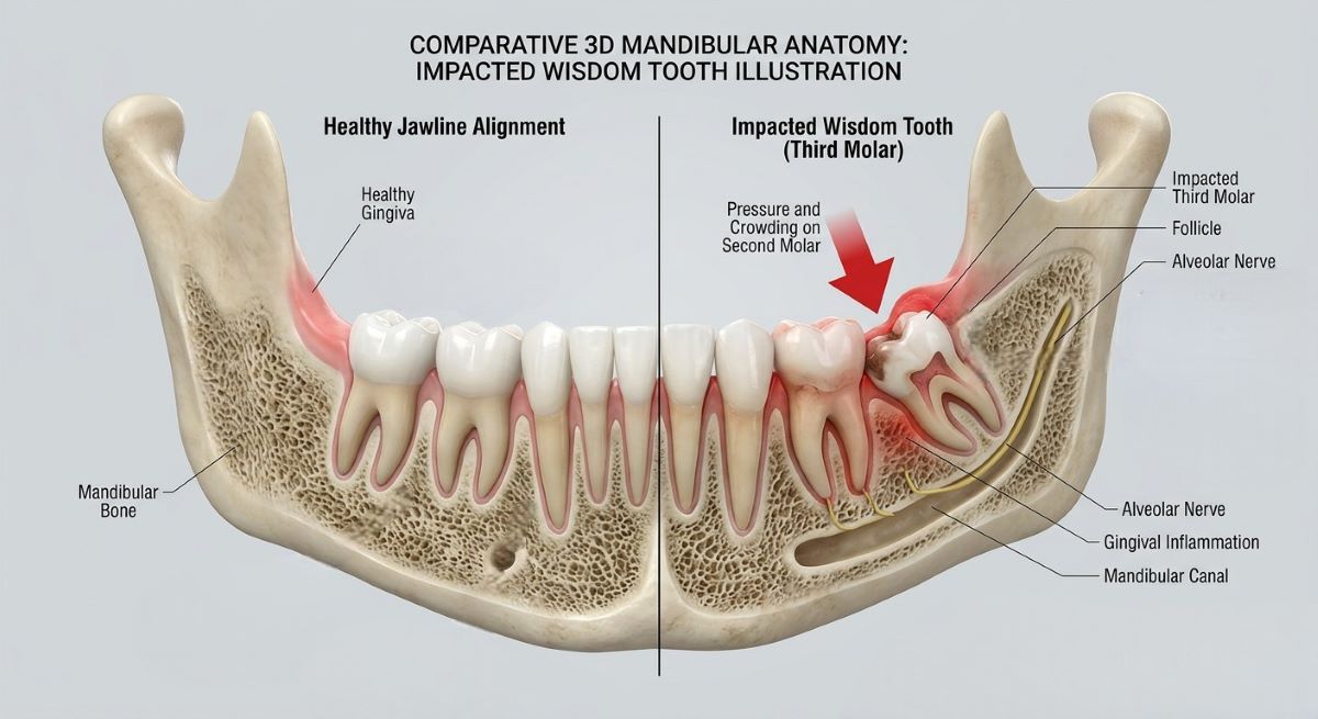 Wisdom tooth extraction Hamilton, comparative 3D mandibular anatomy diagram showing healthy jawline alignment versus an impacted third molar pressing on the second molar.